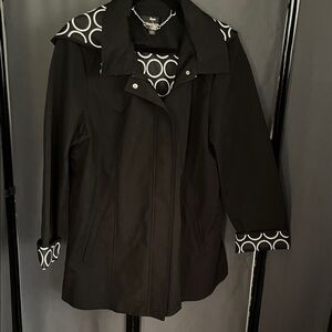 Dennis Basso Black Trench Coat with Geometric Accents